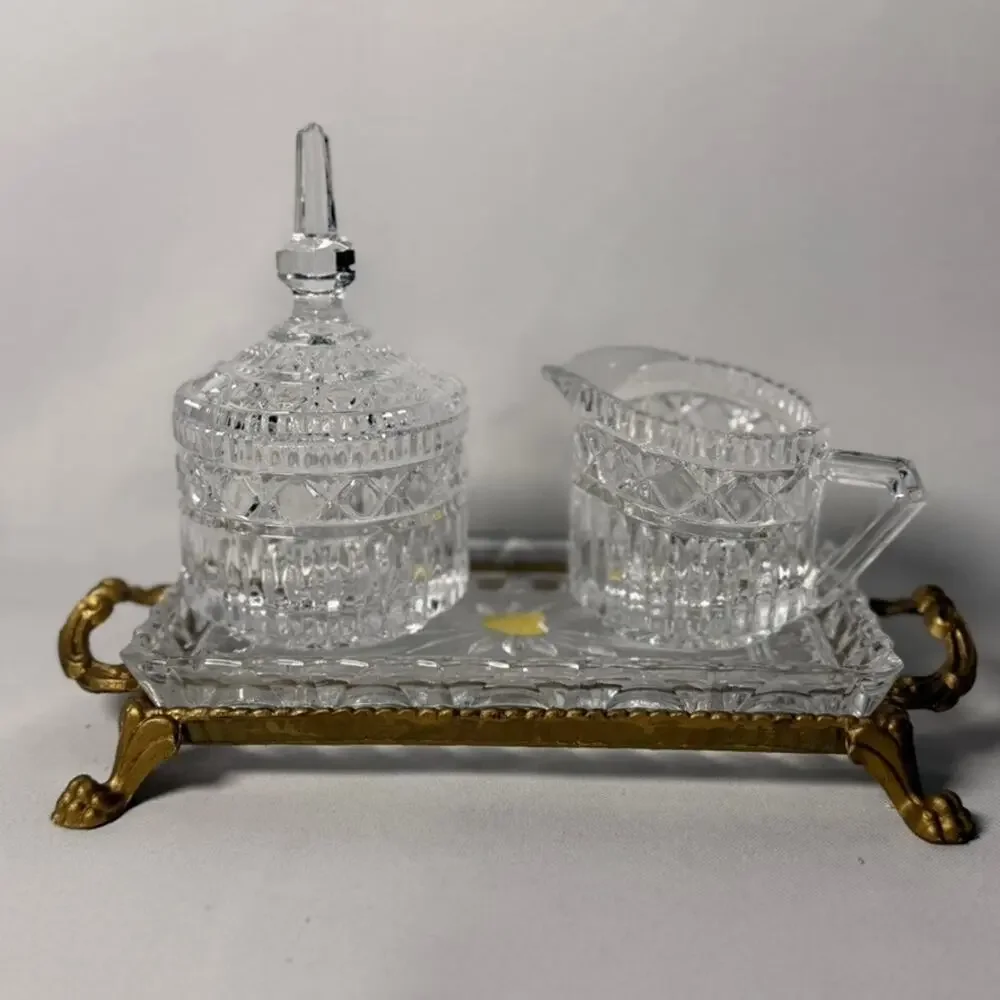 Hollywood Regency Cut Glass Cream & Sugar Set, German Crystal With Footed Tray
